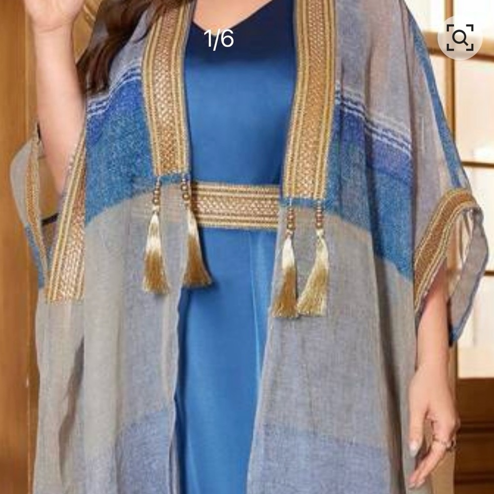 Blue and Gray Long Kimono with Tassels